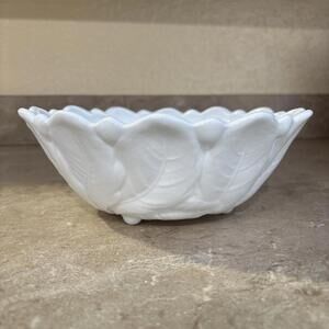Indiana Milk Glass Footed Wild Rose Cabbage Leaf Centerpiece Bowl Vintage